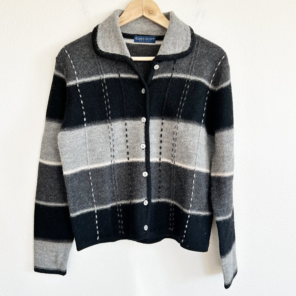 Karen Scott Petites Sweater Gray 100% Wool Stripe Cardigan Button Front